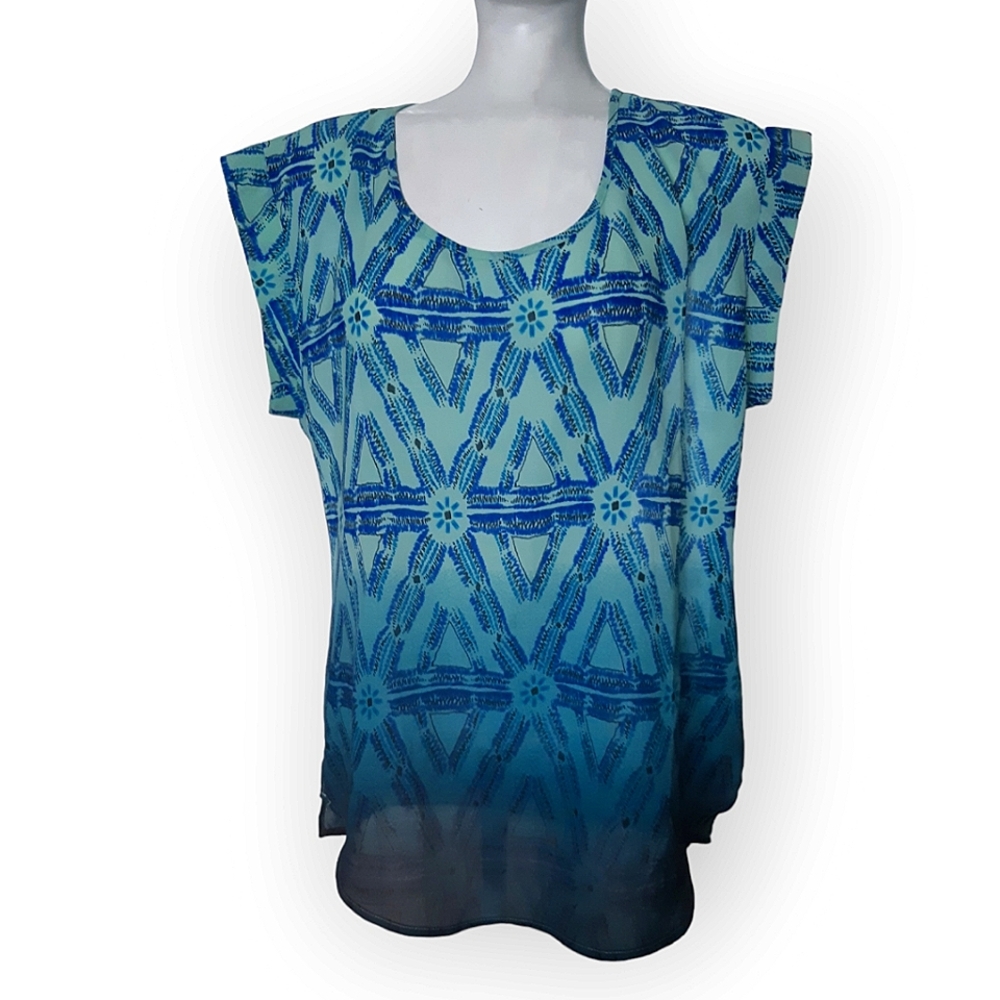 Daniel Rainn ombre turquoise and blue semi sheer square sleeve top Size large